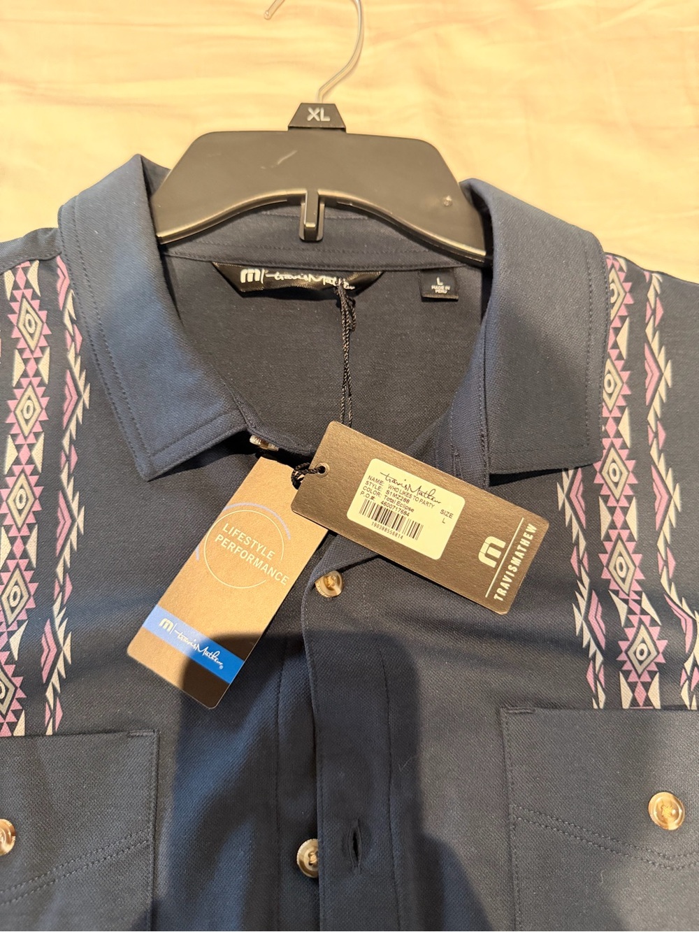 Travis Matthew Large Navy Men's Short-Sleeve Aztec Print Button-Up Shirt